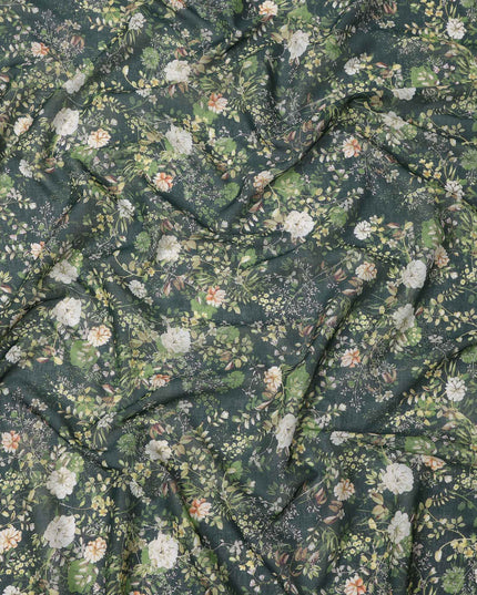 Deep Forest Green Base Ivory & Peach Botanical Garden Floral Printed Cotton Lawn Fabric, 110 Cms Width, Made in India-D23650
