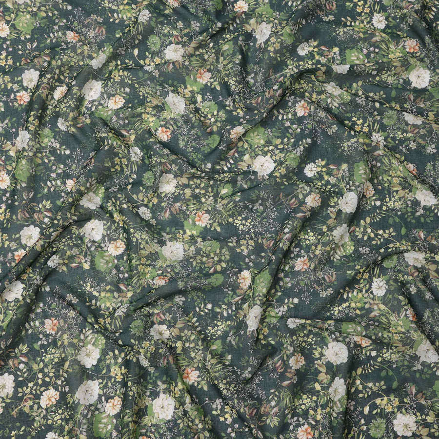 Deep Forest Green Base Ivory & Peach Botanical Garden Floral Printed Cotton Lawn Fabric, 110 Cms Width, Made in India-D23650