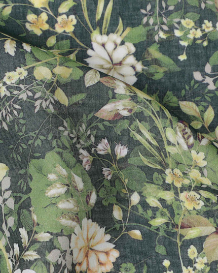 Deep Forest Green Base Ivory & Peach Botanical Garden Floral Printed Cotton Lawn Fabric, 110 Cms Width, Made in India-D23650