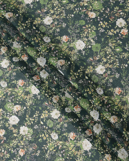 Deep Forest Green Base Ivory & Peach Botanical Garden Floral Printed Cotton Lawn Fabric, 110 Cms Width, Made in India-D23650