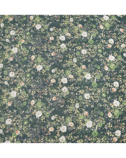 Deep Forest Green Base Ivory & Peach Botanical Garden Floral Printed Cotton Lawn Fabric, 110 Cms Width, Made in India-D23650