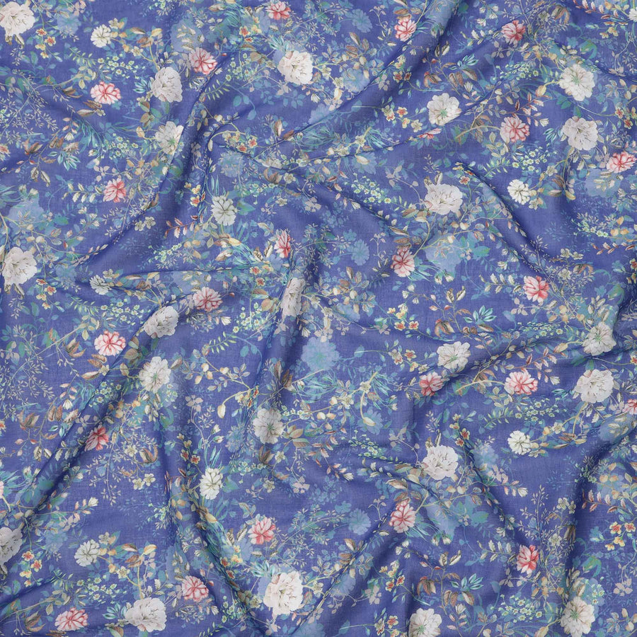 Royal Blue Base Multicolor Floral Garden Printed Cotton Lawn Fabric, 110 Cms Width, Made in India-D23651 Regal Fabrics