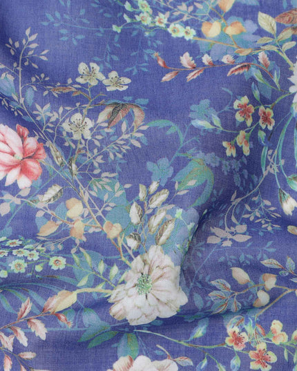 Royal Blue Base Multicolor Floral Garden Printed Cotton Lawn Fabric, 110 Cms Width, Made in India-D23651 Regal Fabrics