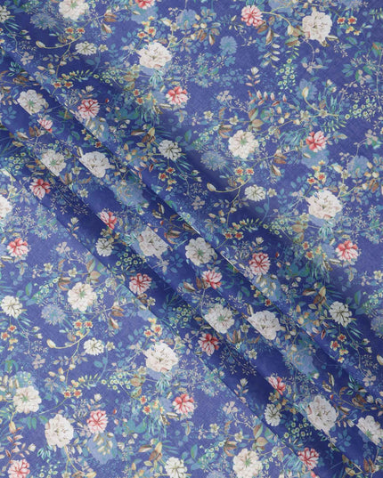 Royal Blue Base Multicolor Floral Garden Printed Cotton Lawn Fabric, 110 Cms Width, Made in India-D23651 Regal Fabrics