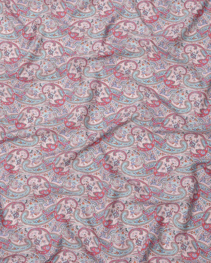 Dusty Pink Base Red & Blue Paisley Motif Printed Cotton Lawn Fabric, 140 Cms Width, Made in Slovakia-D23652