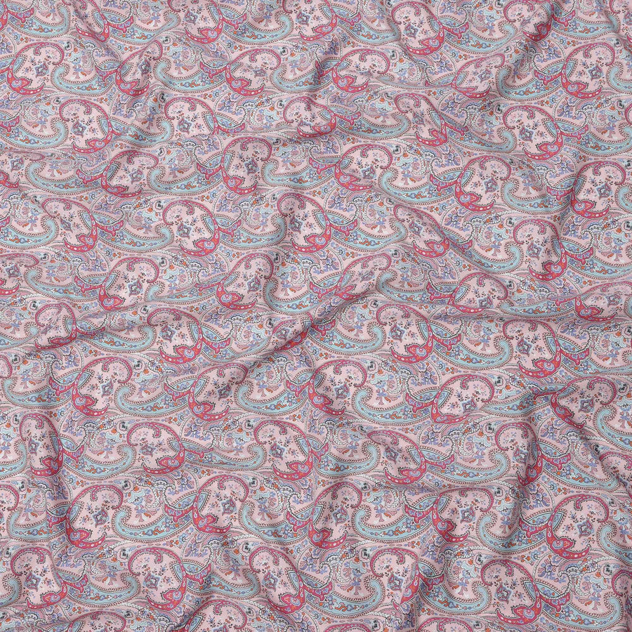 Dusty Pink Base Red & Blue Paisley Motif Printed Cotton Lawn Fabric, 140 Cms Width, Made in Slovakia-D23652