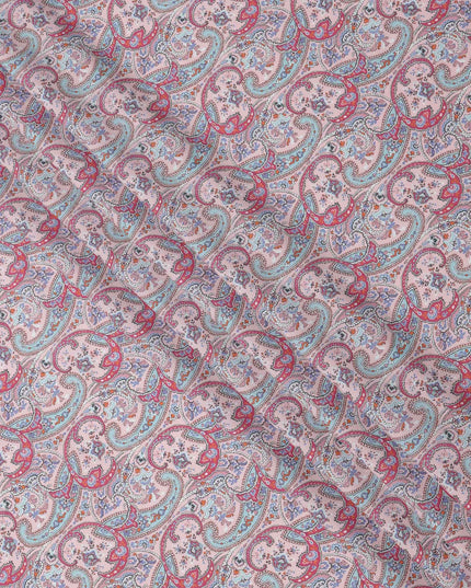 Dusty Pink Base Red & Blue Paisley Motif Printed Cotton Lawn Fabric, 140 Cms Width, Made in Slovakia-D23652