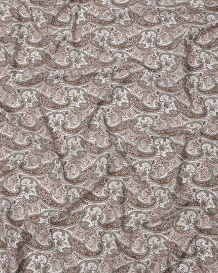 Ivory Base Brown & Grey Paisley Design Printed Cotton Lawn Fabric, 140 Cms Width, Made in Slovakia-D23653