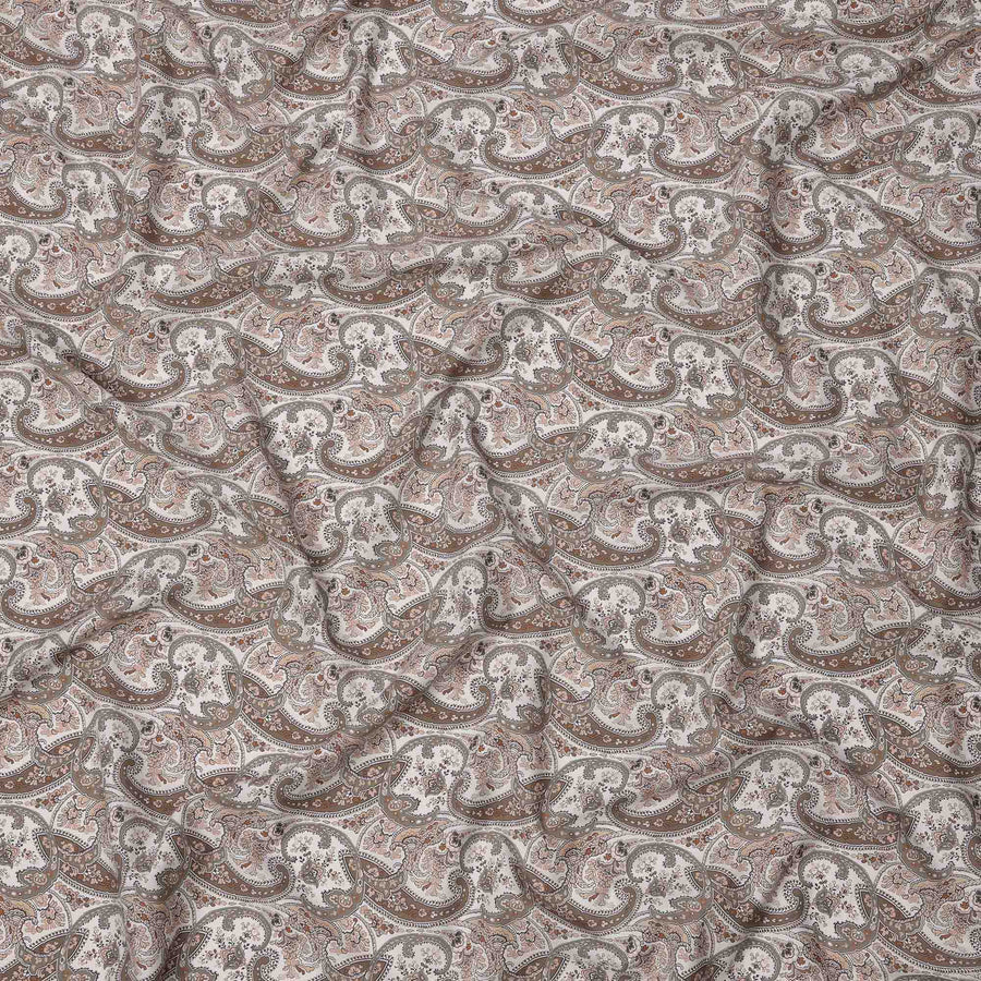 Ivory Base Brown & Grey Paisley Design Printed Cotton Lawn Fabric, 140 Cms Width, Made in Slovakia-D23653