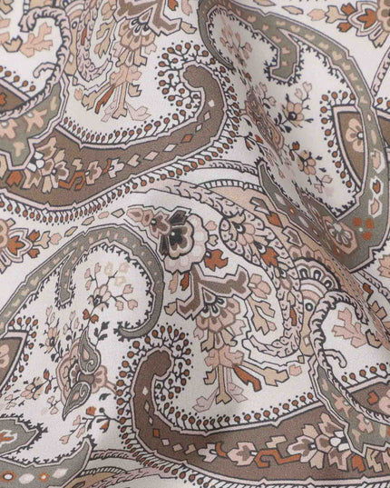 Ivory Base Brown & Grey Paisley Design Printed Cotton Lawn Fabric, 140 Cms Width, Made in Slovakia-D23653