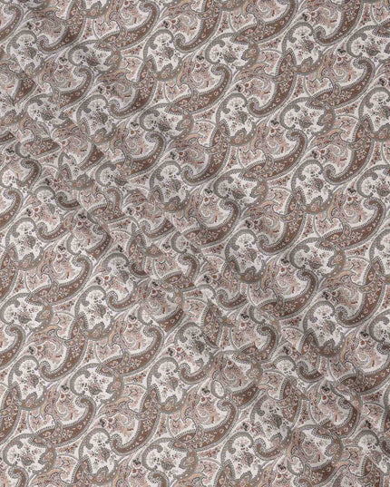 Ivory Base Brown & Grey Paisley Design Printed Cotton Lawn Fabric, 140 Cms Width, Made in Slovakia-D23653