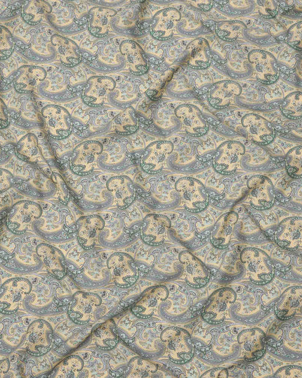 Beige Base Green & Lavender Paisley Printed Cotton Lawn Fabric, 140 Cms Width, Made in Slovakia-D23654