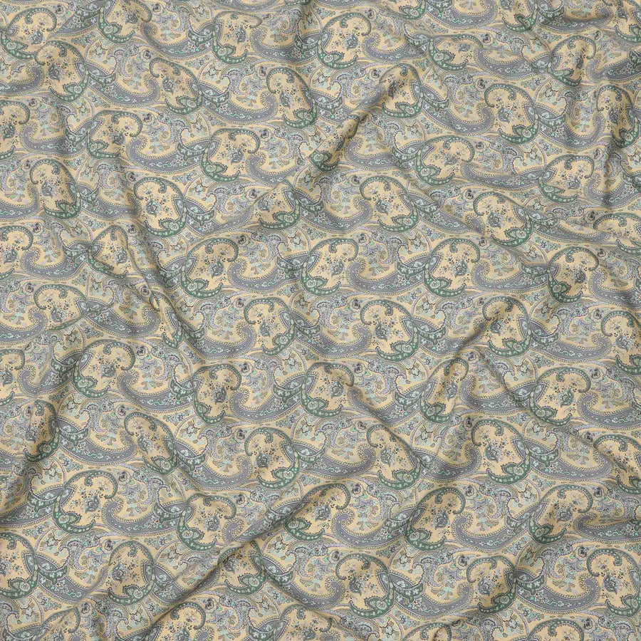 Beige Base Green & Lavender Paisley Printed Cotton Lawn Fabric, 140 Cms Width, Made in Slovakia-D23654