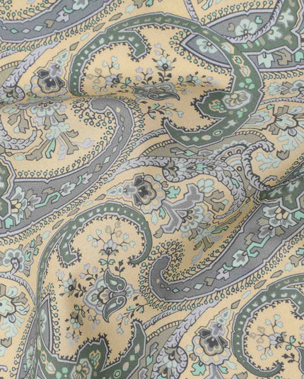 Beige Base Green & Lavender Paisley Printed Cotton Lawn Fabric, 140 Cms Width, Made in Slovakia-D23654