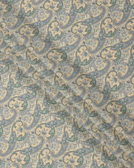 Beige Base Green & Lavender Paisley Printed Cotton Lawn Fabric, 140 Cms Width, Made in Slovakia-D23654