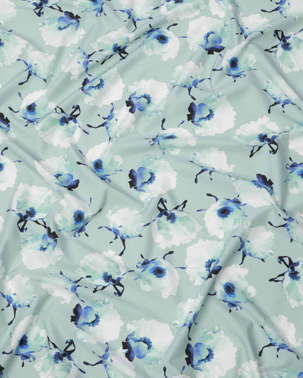 Mint Green Base White & Blue Floral Digital Printed Cotton Lawn Fabric, 140 Cms Width, Made in Slovakia-D23655