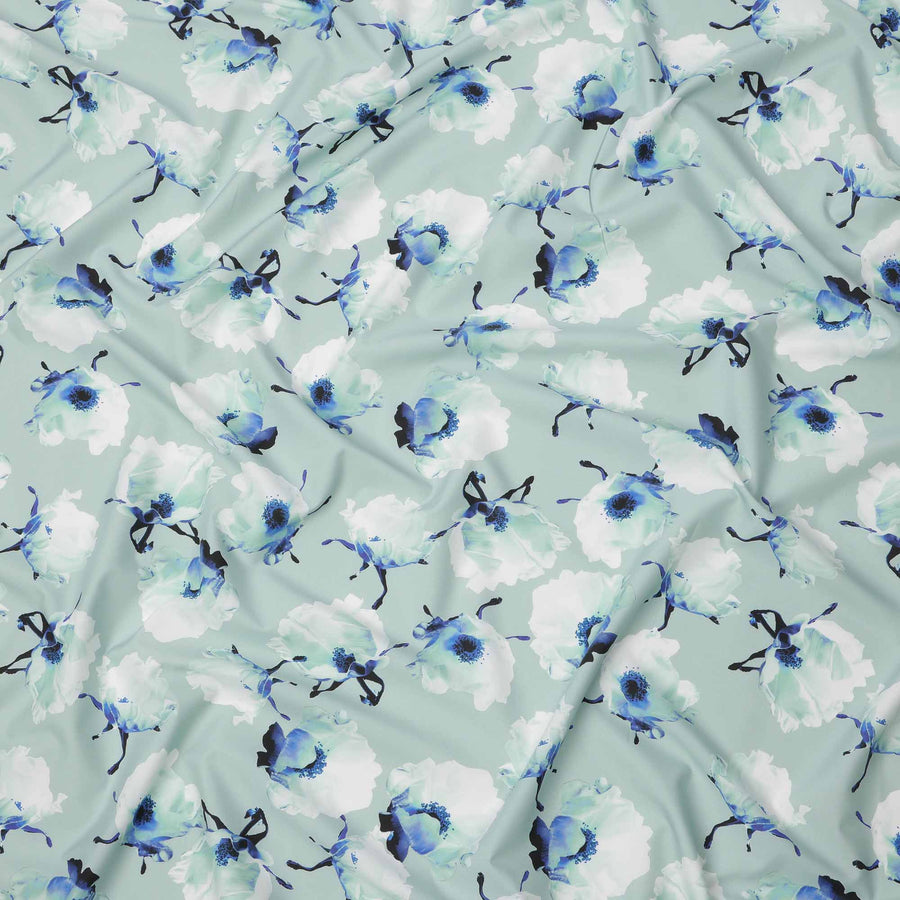 Mint Green Base White & Blue Floral Digital Printed Cotton Lawn Fabric, 140 Cms Width, Made in Slovakia-D23655