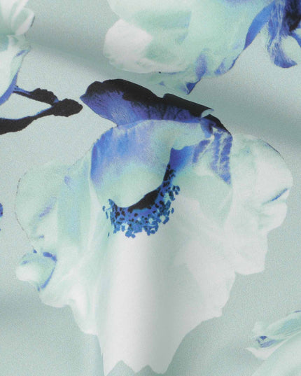 Mint Green Base White & Blue Floral Digital Printed Cotton Lawn Fabric, 140 Cms Width, Made in Slovakia-D23655