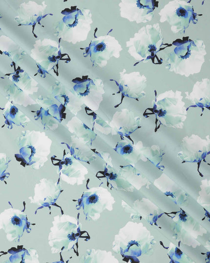Mint Green Base White & Blue Floral Digital Printed Cotton Lawn Fabric, 140 Cms Width, Made in Slovakia-D23655
