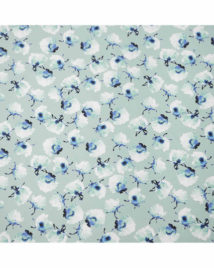 Mint Green Base White & Blue Floral Digital Printed Cotton Lawn Fabric, 140 Cms Width, Made in Slovakia-D23655