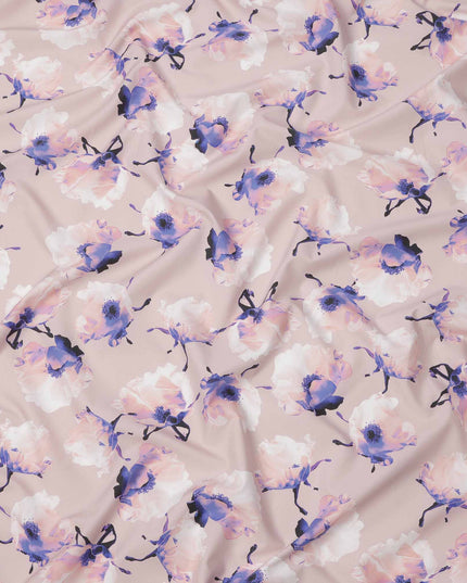 Blush Pink Base Purple & White Floral Digital Printed Cotton Lawn Fabric, 140 Cms Width, Made in Slovakia-D23656