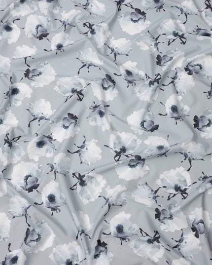 Cool Grey Base White & Charcoal Floral Digital Printed Cotton Lawn Fabric, 140 Cms Width, Made in Slovakia-D23657