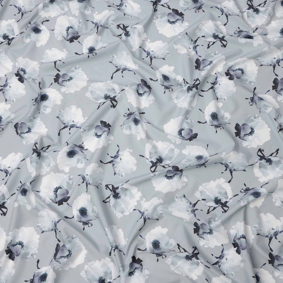 Cool Grey Base White & Charcoal Floral Digital Printed Cotton Lawn Fabric, 140 Cms Width, Made in Slovakia-D23657