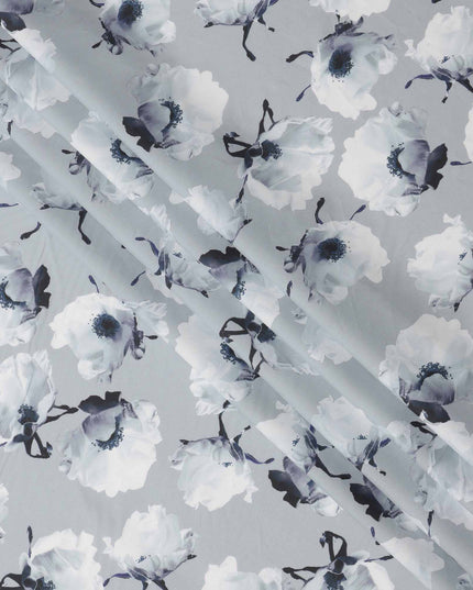 Cool Grey Base White & Charcoal Floral Digital Printed Cotton Lawn Fabric, 140 Cms Width, Made in Slovakia-D23657