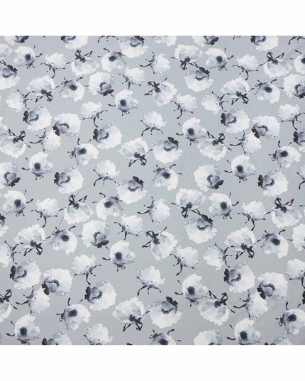 Cool Grey Base White & Charcoal Floral Digital Printed Cotton Lawn Fabric, 140 Cms Width, Made in Slovakia-D23657