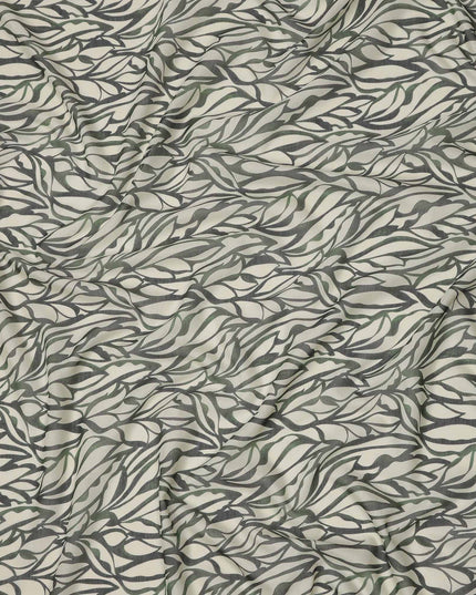 قماش فوال قطني بقاعدة عاجية، مطبوع عليه أوراق زيتونية وسوداء تجريدية، عرض 140 سم، صنع في سلوفاكيا - D23658