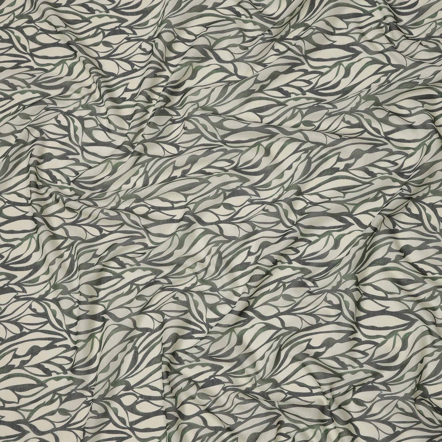 قماش فوال قطني بقاعدة عاجية، مطبوع عليه أوراق زيتونية وسوداء تجريدية، عرض 140 سم، صنع في سلوفاكيا - D23658