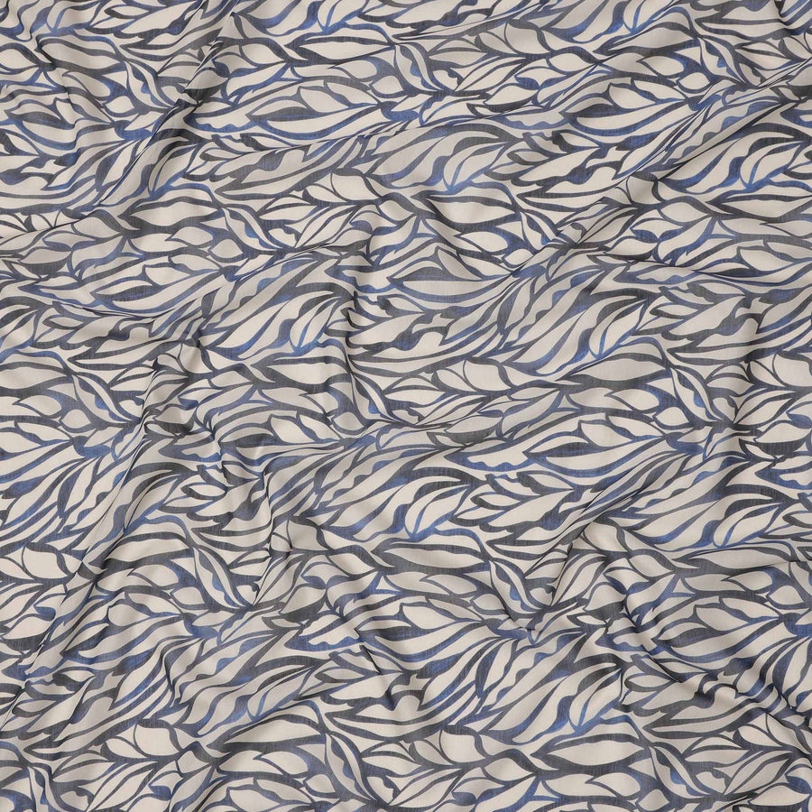Ivory Base Blue & Charcoal Abstract Leaf Printed Cotton Voile Fabric, 140 Cms Width, Made in Slovakia-D23659