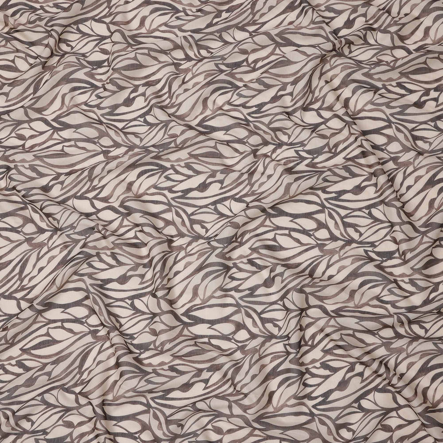 Beige Base Brown & Charcoal Abstract Leaf Printed Cotton Voile Fabric, 140 Cms Width, Made in Slovakia-D23660