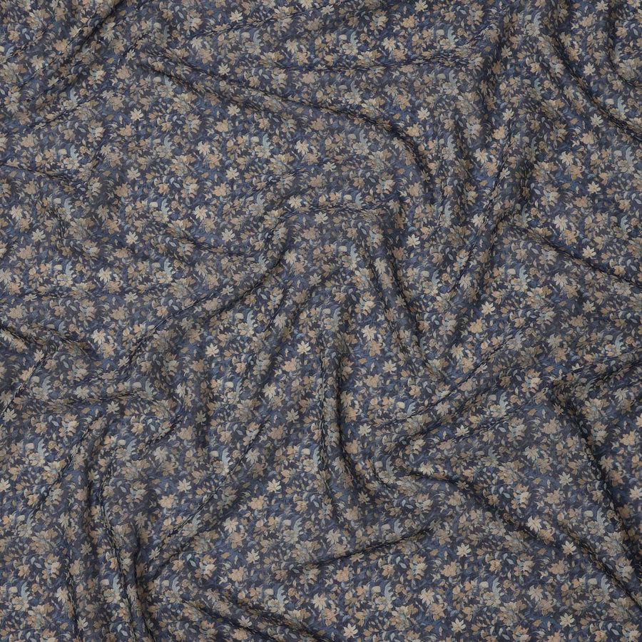Navy Blue Base Beige & Muted Green Micro Floral Printed Cotton Voile Fabric, 140 Cms Width, Made in Slovakia-D23661