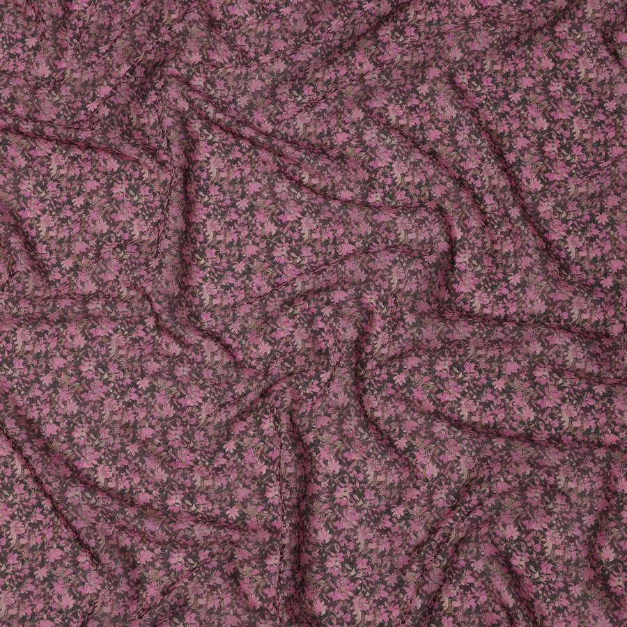 Dark Maroon Base Pink & Mauve Dense Floral Printed Cotton Voile Fabric, 140 Cms Width, Made in Slovakia-D23663