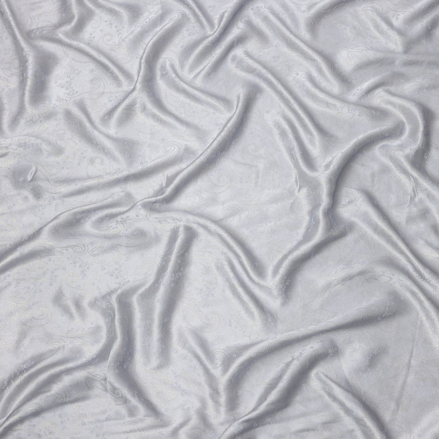 Silver Floral Self-Patterned Silk Satin Fabric, Width 140 Cms, Made in India-D23895