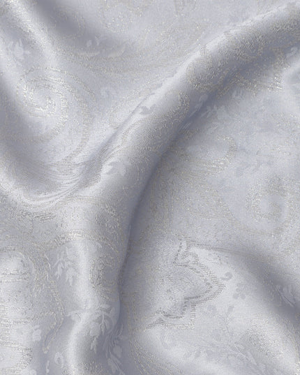 Silver Floral Self-Patterned Silk Satin Fabric, Width 140 Cms, Made in India-D23895