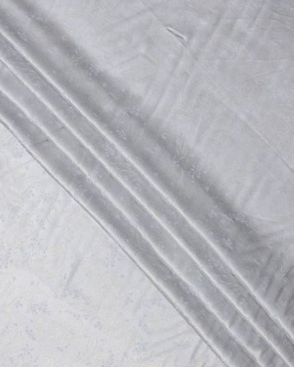Silver Floral Self-Patterned Silk Satin Fabric, Width 140 Cms, Made in India-D23895