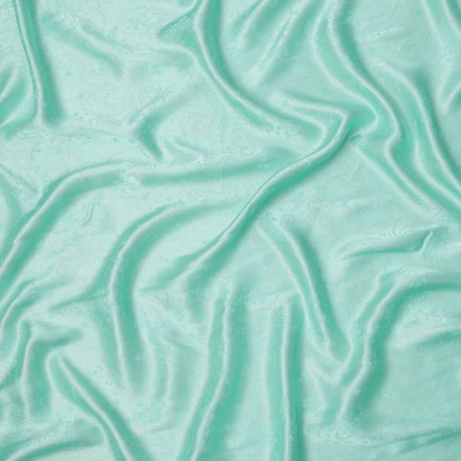 Mint Green Paisley Floral Self-Patterned Pure Silk Satin Fabric, Width 140 Cms, Made in India-D23898