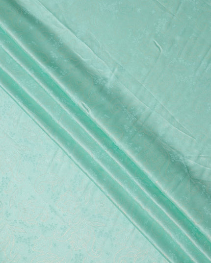 Mint Green Paisley Floral Self-Patterned Pure Silk Satin Fabric, Width 140 Cms, Made in India-D23898
