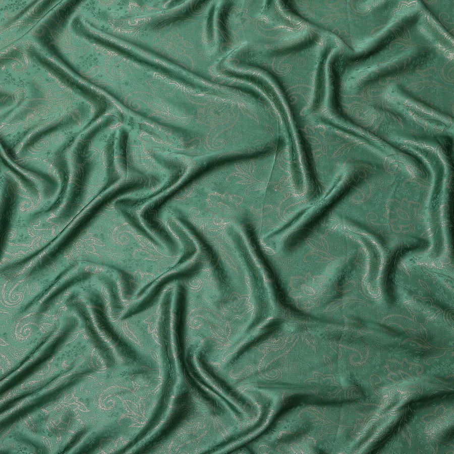 Emerald Green Paisley Floral Self-Textured Pure Silk Satin Fabric, Width 140 Cms, Made in India-D23899