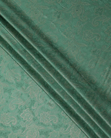 Emerald Green Paisley Floral Self-Textured Pure Silk Satin Fabric, Width 140 Cms, Made in India-D23899