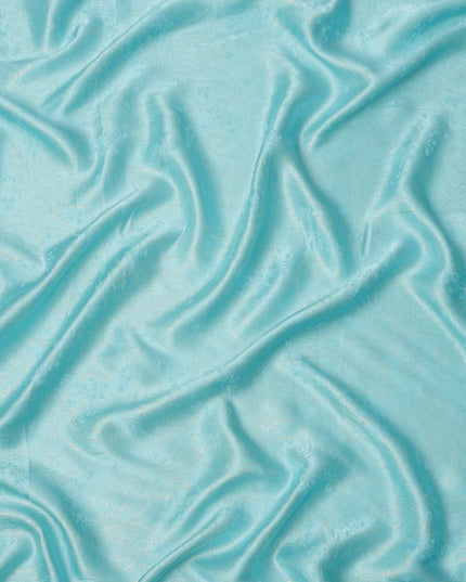 Aqua Blue Paisley Self-Design Pure Silk Satin Fabric, Width 140 Cms, Made in India-D23901