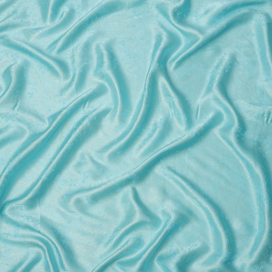 Aqua Blue Paisley Self-Design Pure Silk Satin Fabric, Width 140 Cms, Made in India-D23901