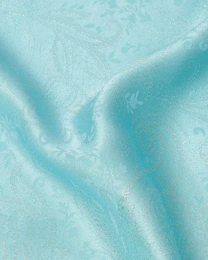 Aqua Blue Paisley Self-Design Pure Silk Satin Fabric, Width 140 Cms, Made in India-D23901