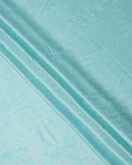 Aqua Blue Paisley Self-Design Pure Silk Satin Fabric, Width 140 Cms, Made in India-D23901