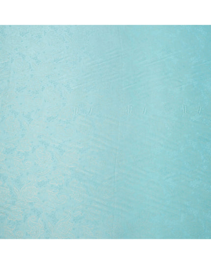 Aqua Blue Paisley Self-Design Pure Silk Satin Fabric, Width 140 Cms, Made in India-D23901