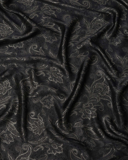 Black Floral Paisley Self-Design Pure Silk Satin Fabric, Width 140 Cms, Made in India-D23906