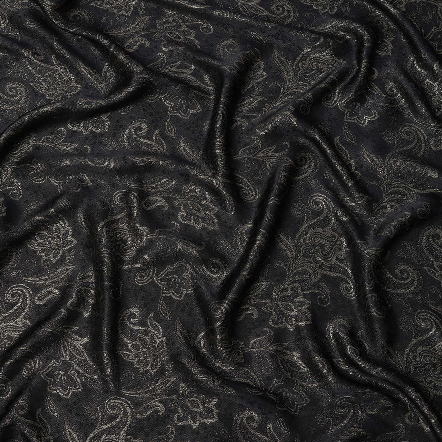 Black Floral Paisley Self-Design Pure Silk Satin Fabric, Width 140 Cms, Made in India-D23906