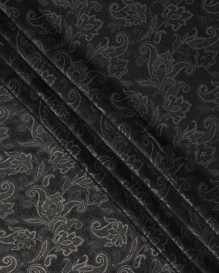 Black Floral Paisley Self-Design Pure Silk Satin Fabric, Width 140 Cms, Made in India-D23906